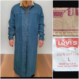 Vintage Levis Long Jacket Duster Sz L Trucker Denim Trench  Corduroy Button Fly